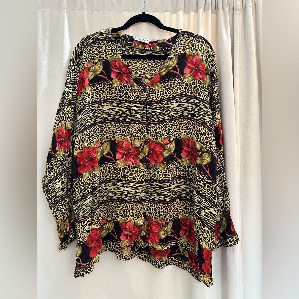 AND Red and Black Floral Animal Print Blouse